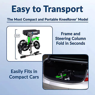 KneeRover GO Knee Walker with text on compactness and portability