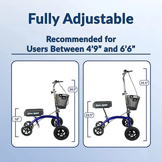 KneeRover Hybrid Knee Walker, with All Terrain Front Axle Upgrade with adjustable dimensions on a blue background