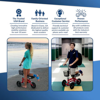 Two children using KneeRover Jr - Small Adult and Kids All Terrain Knee Scooter in Red on a beach and in a school hallway, with brand trustworthiness icons and text.
