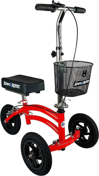 KneeRover Jr - Small Adult and Kids All Terrain Knee Scooter in Red with a basket on a white background