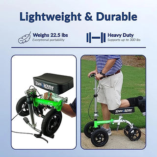 KneeRover KR_GoHybrid GO Hybrid, Most Compact Knee Scooter with text highlighting weight, portability, and support capacity on a blue background.