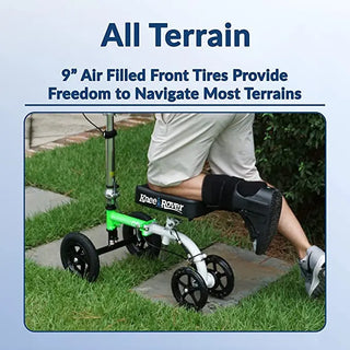 KneeRover KR_GoHybrid GO Hybrid, Most Compact Knee Scooter with 9-inch air-filled front tires being used on a grassy area.
