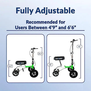 Diagram of KneeRover KR_GoHybrid GO Hybrid, Most Compact Knee Scooter  with adjustable height features on a light blue background.