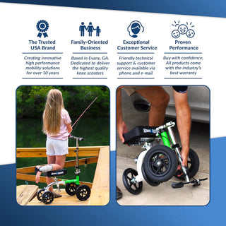 KneeRover KR_GoHybrid GO Hybrid, Most Compact Knee Scooter with images of a girl fishing and a person using it, set against a blue and white background with brand attributes listed.