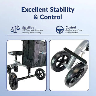 KneeRover KR_Ultra Ultra Knee Walker, Lightweight Economy Steerable Knee Scooter with text on stability and control on a light blue background