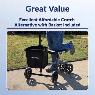 Person using KneeRover KR_Ultra Ultra Knee Walker, Lightweight Economy Steerable Knee Scooter with a basket attached, labeled as an 'Excellent Affordable Crutch Alternative'.