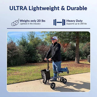 Person using KneeRover KR_Ultra Ultra Knee Walker, Lightweight Economy Steerable Knee Scooter with text highlighting weight and durability on a blue background