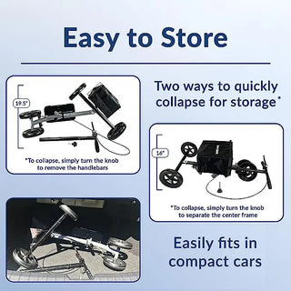 Instructions on how to collapse KneeRover KR_Ultra Ultra Knee Walker, Lightweight Economy Steerable Knee Scooter for storage with text and diagrams.