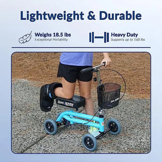 Person using KneeRover Kids Knee Walker Child Knee Scooter with text highlighting weight and durability on a blue background