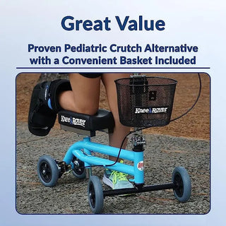 KneeRover Kids Knee Walker Child Knee Scooter with a basket attached, used as a pediatric crutch alternative.