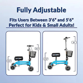 Adjustable KneeRover Kids Knee Walker Child Knee Scooter for users between 3'6" and 5'6" with measurements on a blue background.