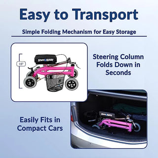 KneeRover Kids Knee Walker Child Knee Scooter Pediatric Crutch Alternative in Pink with steering column folding mechanism shown in a car trunk.