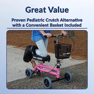 KneeRover Kids Knee Walker Child Knee Scooter Pediatric Crutch Alternative in Pink with a basket, used by a person, on a sidewalk.