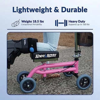 KneeRover Kids Knee Walker Child Knee Scooter Pediatric Crutch Alternative in Pink with text highlighting weight, portability, and support capacity on a light blue background.