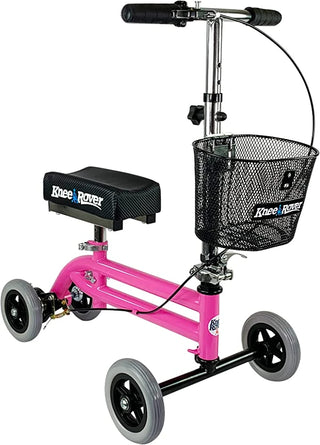 KneeRover Kids Knee Walker Child Knee Scooter Pediatric Crutch Alternative in Pink with basket on a white background