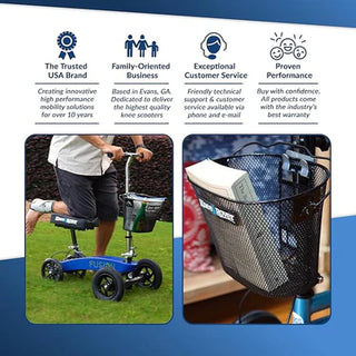 KneeRover Knee Walker Wire Basket Accessory with Handle with scooter and basket, featuring text about the brand's values.
