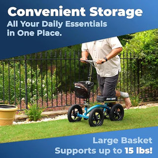 Person using a knee scooter with KneeRover Knee Walker Wire Basket Accessory with Handle in a garden setting, promoting convenient storage.