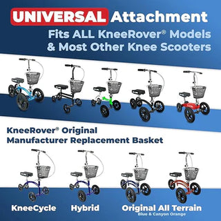 Advertisement for KneeRover Knee Walker Wire Basket Accessory with Handle with various KneeRover models and knee scooters.