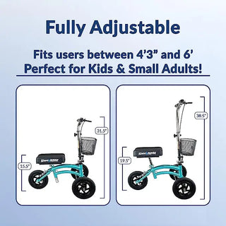 KneeRover Krjr_coastal Jr - Small Adult and Kids All Terrain Knee Scooter with measurements on a light blue background