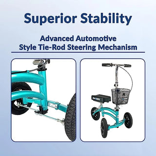 KneeRover Krjr_coastal Jr - Small Adult and Kids All Terrain Knee Scooter with advanced automotive-style tie-rod steering mechanism on a light blue background.