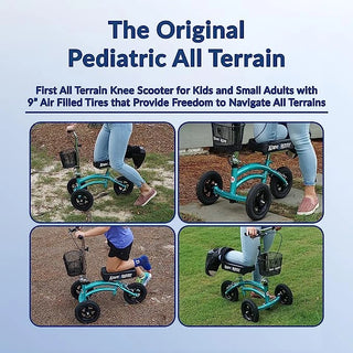KneeRover Krjr_coastal Jr - Small Adult and Kids All Terrain Knee Scooter with text about its use for kids and small adults on various terrains.