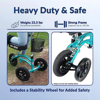KneeRover Krjr_coastal Jr - Small Adult and Kids All Terrain Knee Scooter with stability wheel on grass, text about weight and safety features.