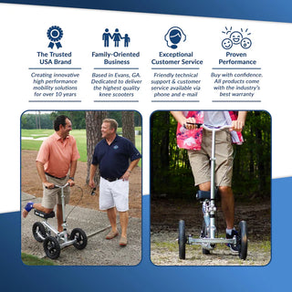 Two people using KneeRover PRO All Terrain Knee Scooter with Shock Absorber with promotional text about the brand's values on a blue and white background.
