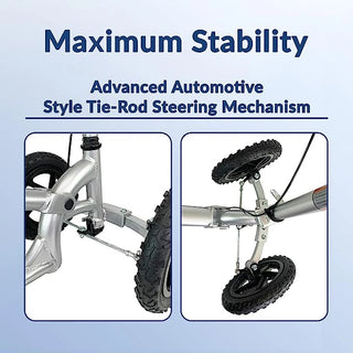 KneeRover PRO All Terrain Knee Scooter with Shock Absorber with text 'Maximum Stability' on a blue background.