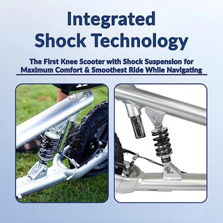 Integrated shock technology in KneeRover PRO All Terrain Knee Scooter with Shock Absorber with text highlighting comfort and smooth ride.