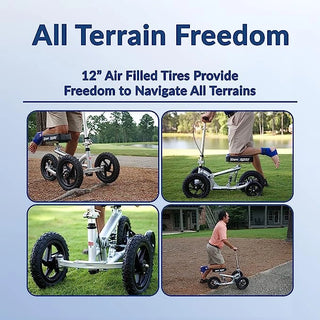 KneeRover PRO All Terrain Knee Scooter with Shock Absorber with 12-inch air-filled tires in various outdoor settings.
