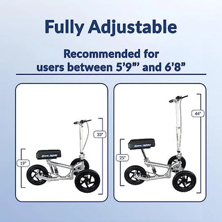 KneeRover PRO All Terrain Knee Scooter with Shock Absorber with measurements on a light blue background