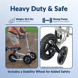 Product advertisement forKneeRover PRO All Terrain Knee Scooter with Shock Absorber with text highlighting its features on a blue background.