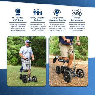 Two people using KneeRover QJ-10HC Quad HC All Terrain Knee Walker In Matte Black with brand features highlighted on a blue and white background.