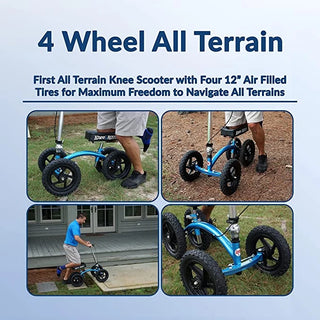 KneeRover QUAD All Terrain Knee Walker in Metallic Blue with four 12-inch air-filled tires on a blue background.