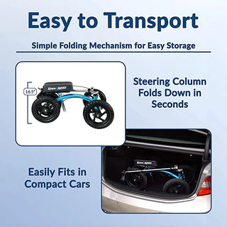 KneeRover QUAD All Terrain Knee Walker in Metallic Blue with text on ease of transport and storage.