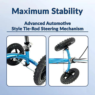 KneeRover QUAD All Terrain Knee Walker in Metallic Blue with tie-rod steering mechanism on a light blue background, highlighting stability.