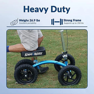 KneeRover QUAD All Terrain Knee Walker in Metallic Blue with text highlighting weight, portability, and frame strength on a light blue background.