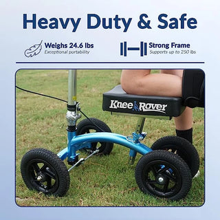 KneeRover QUAD Jr All Terrain Knee Scooter in Metallic Blue with text highlighting features on a grassy background