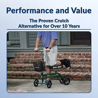 Person using KneeRover Steerable Knee Scooter with text about its proven value as an alternative to crutches for over 10 years.