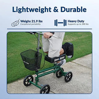 KneeRover Steerable Knee Scooter with text highlighting weight and durability on a light blue background
