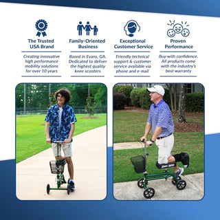 Two people using KneeRover Steerable Knee Scooter outdoors with promotional text about the brand's values.
