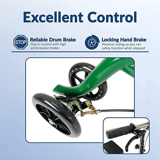 KneeRover Steerable Knee Scooter with reliable drum brake and locking hand brake on a blue background