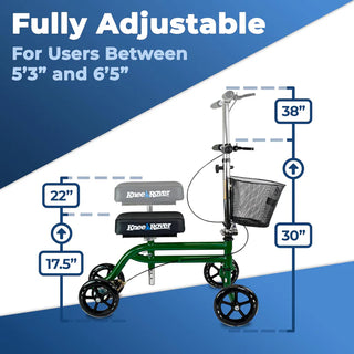 KneeRover Steerable Knee Scooter with adjustable dimensions on a blue and white background
