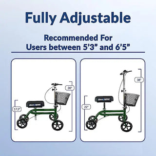 Diagram of KneeRover Steerable Knee Scooter with adjustable height settings on a light blue background.