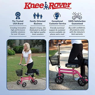 Advertisement for KneeRover Steerable Knee Scooter/Walker Crutch Alternative with two images of a woman using the knee scooter and brand information.