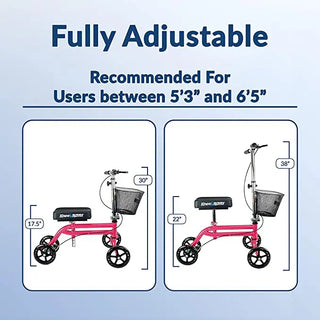 Diagram showing KneeRover Steerable Knee Scooter/Walker Crutch Alternative with adjustable height for users between 5'3" and 6'5" on a light blue background.