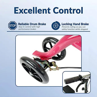 Close-up of KneeRover Steerable Knee Scooter/Walker Crutch Alternative with brakes on a light blue background, highlighting reliable drum brake and locking hand brake features.