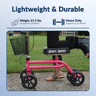 KneeRover Steerable Knee Scooter/Walker Crutch Alternative with text highlighting weight and durability on a light blue background