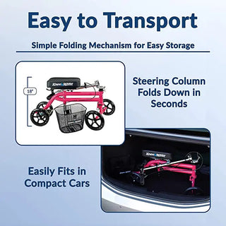 KneeRover Steerable Knee Scooter/Walker Crutch Alternative with steering column folded down, shown in a car trunk.