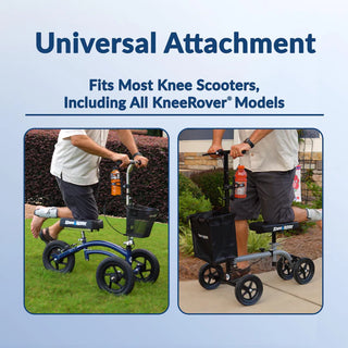 KneeRover Universal Cupholder for knee scooters with two images showing its use on a grassy area and sidewalk.
